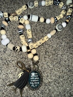 Plunder Black & Cream Teacher Charm Beaded Necklace/Lanyard